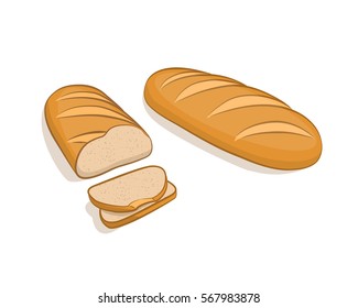 White bread, loaf, sliced on a white background. Vector illustration, bakery products made in cartoon style by hand.