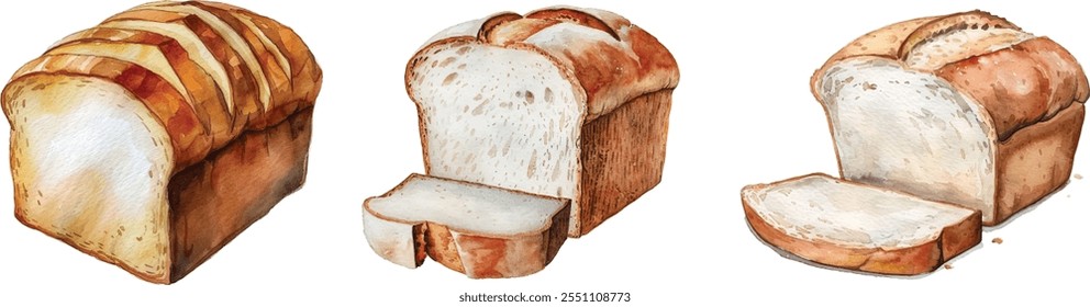 White Bread Set Hand-Drawn Realistic Watercolor Illustration on White Background