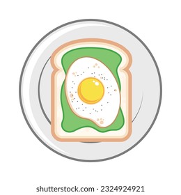 White Bread Slice and Sunny side egg Cute in top of guacalome Cartoon Character mascot with smiling face vector flat design illustration template free editable 