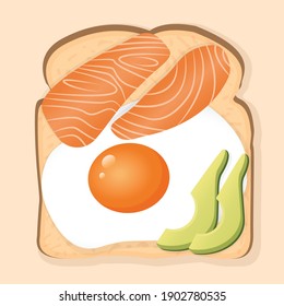 white bread toast sandwich with fried egg, salmon and avocado pieces. Vector illustration of a healthy breakfast for poster, advertisement, menu, web. Healthy lifestyle.