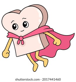 white bread wearing superhero cloak has good nutrition, vector illustration art. doodle icon image kawaii.