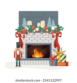 White brick fireplace, decorated for the winter holidays with nutcracker, gifts, candles Cozy scene with crackling fire, offering warmth and comfort Welcoming hearth for festive and relaxation. Vector