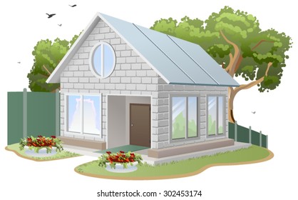 White brick house. Country cottage, tree, flower beds, fence. Illustration in vector format