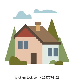 White brick residential building surrounded by trees. Logo for a construction company or realtor or school. Vector illustration in cartoon flat style.