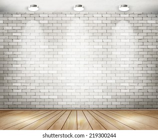 White brick room with spotlights. Vector.