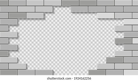 White brick wall breaking through with hole. 3D vector illustration on transparent background.