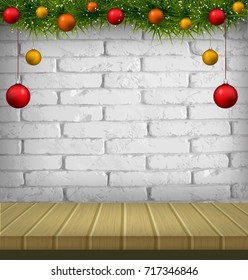 White brick wall with christmas tree and decorations. Vector christmas background