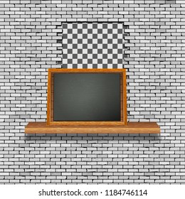 A white brick wall with a hole break and a wooden shelf with a black board. There is an empty space for placing your text or image.