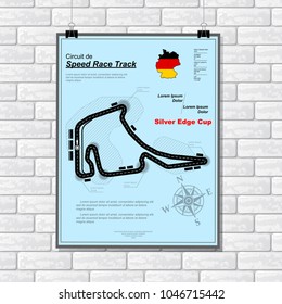 White brick wall with light blue plackard with race track and sample text