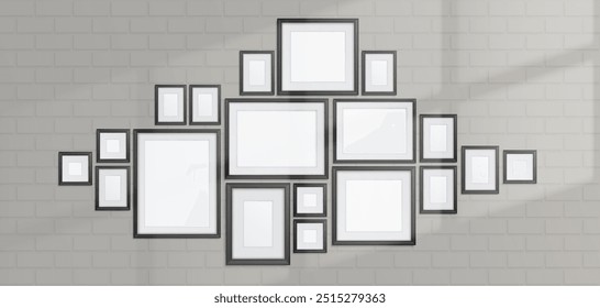 Pared de ladrillo blanco con rectángulo y cuadrado simple composición de marco de fotos y sombra de ventana. Vector 3D realista elegante maqueta de borde de imagen moderna para decoración del hogar o exposición de Galería.