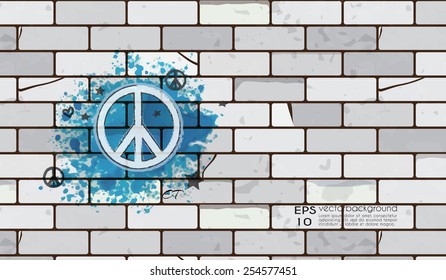 White brick wall seamless vector background with sample graffiti & peace symbol. Brick texture pattern. Urban street art grunge design illustration. Layered. Editable eps10 contains the pattern swatch