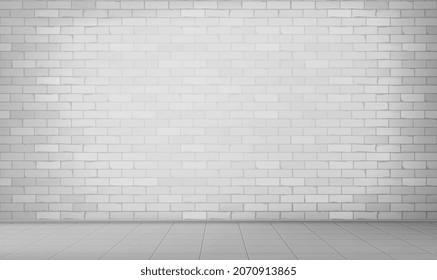 White brick wall show room with tile floor, architectural background. Vintage Rural room and fashion interior. Empty room interior with white brick wall in cozy modern design. Vector illustration.