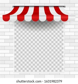 White brick wall with striped awning above the window place. Empty space instead of a window. Commercial announcement mock up, template. Vector illustration