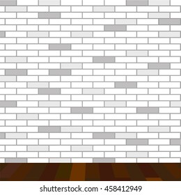 White brick wall and wood floor background. Vector illustration.