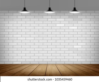 White brick wall and wooden floor. Background for advertising and presentation indoor. Empty template. Stock vector illustration