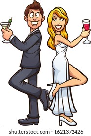 White bride and groom wearing formal attire, back to back with alcoholic beverages on hand. Vector cartoon clip art illustration with simple gradients. Each on a separate layer.
