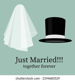 White bride veil and groom black cylinder, wedding couple, wedding invitation