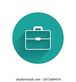 White Briefcase icon isolated with long shadow. Business case sign. Business portfolio.  Green circle button. Vector Illustration