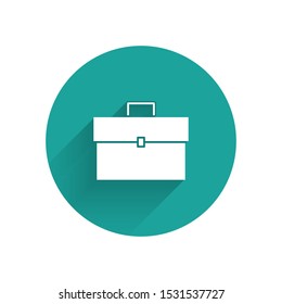 White Briefcase icon isolated with long shadow. Business case sign. Business portfolio. Green circle button. Vector Illustration