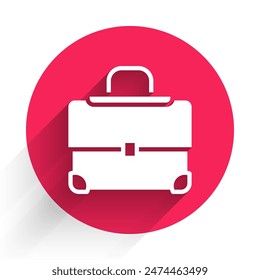 Icono de Maletín blanco aislado con sombra larga. Signo de caso de negocio. Cartera empresarial. Botón de círculo rojo. Vector
