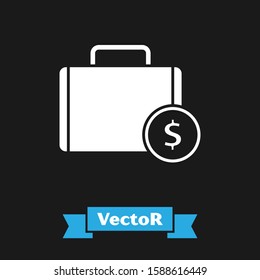 White Briefcase and money icon isolated on black background. Business case sign. Business portfolio.  Vector Illustration