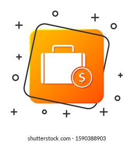 White Briefcase and money icon isolated on white background. Business case sign. Business portfolio. Orange square button. Vector Illustration