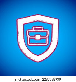 White Briefcase with shield icon isolated on blue background. Insurance concept. Security, safety, protection, protect concept.  Vector