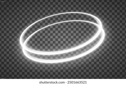 White bright blurred light lines in wave and speed motion. Abstract vector fire circles, sparkling swirls and energetic light spiral frames. Sparkling particles of magic dust.