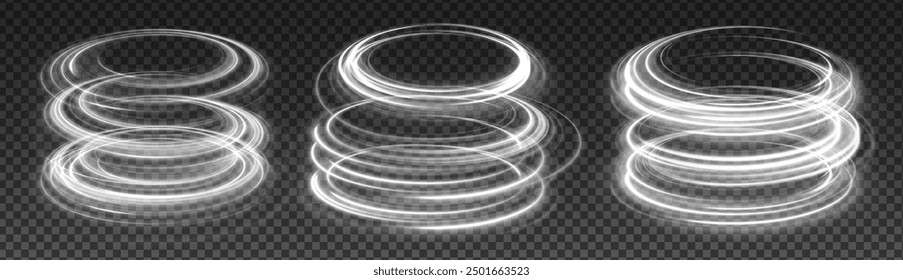 White bright blurred light lines in wave and speed motion. Abstract vector fire circles, sparkling swirls and energetic light spiral frames. Sparkling particles of magic dust.