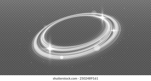 White bright blurred light lines in wave and speed motion. Abstract vector fire circles, sparkling swirls and energetic light spiral frames. Sparkling particles of magic dust.