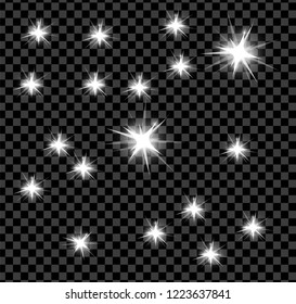 White bright glowing and shining star flares effect isolated on transparent background. Vector illustration