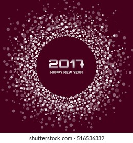 White Bright New Year 2017 circle border design on dark brown Background. Light white confetti circle new year frame. Brown transparent circle background. Vector illustration