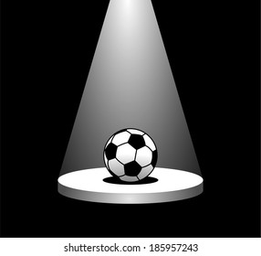 White bright reflector shining on an stage with football ball in the darkness. beam of light on the podium with soccer ball in the dark. vector art image 3d illustration, isolated on black background