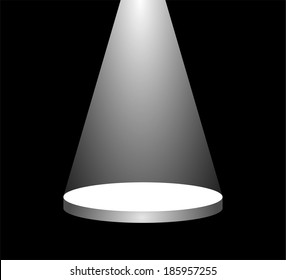 White bright reflector shining on an empty stage in the darkness. beam of light on the podium in the dark. vector art image illustration, isolated on black background, eps10