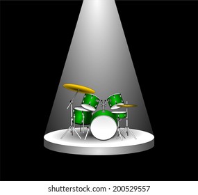 White bright reflector shining on an stage with drums in the darkness. beam of light on the podium in the dark. vector art image illustration, 3d drawing design, isolated on black background, eps10 