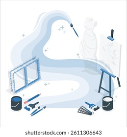 White and bright studio with a window. Workspace of the artist. Easel, canvases and plaster figures for learning to draw. Conceptual interior without people. Creative artist workplace. 2650