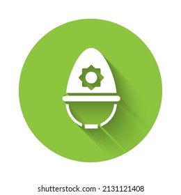 White British police helmet icon isolated with long shadow. Green circle button. Vector