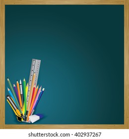 White broad and Object tool for office stationery and school. Pencil with eraser and ruler on a dark green background. Vector Illustration.