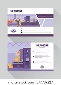White brochure cover design with working characters. Info banner frame. Title sheet model set. Modern vector front page. Factory flat illustration. Isolated