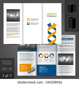 White brochure template design with blue and yellow arrows in the form of DNA. Cover layout