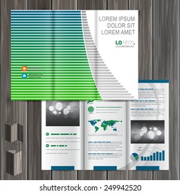White brochure template design with blue and green lines. Cover layout
