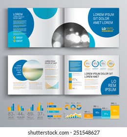 White brochure template design with blue circles. Cover layout and infographics