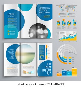 White brochure template design with blue circles. Cover layout and infographics