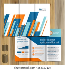 White brochure template design with blue and orange diagonal shapes. Cover layout