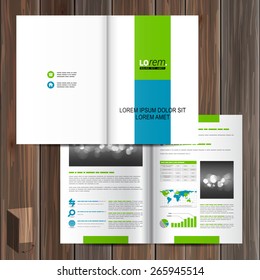 White brochure template design with blue and green square shapes. Cover layout