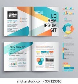 White brochure template design with blue and orange geometric elements. Cover layout and infographics