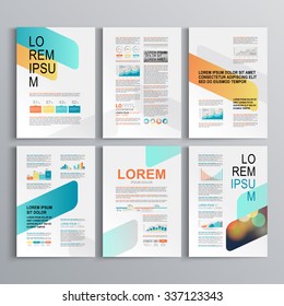 White brochure template design with blue and orange geometric elements. Cover layout and infographics