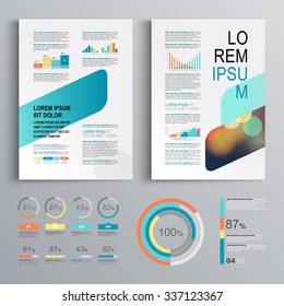 White brochure template design with blue and orange geometric elements. Cover layout and infographics