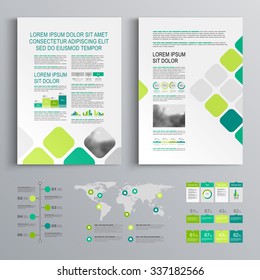 White brochure template design with blue and green square elements. Cover layout and infographics