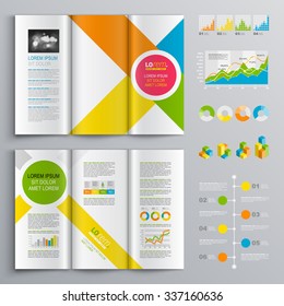 White brochure template design with central pink circle and color diagonal stripes. Cover layout and infographics